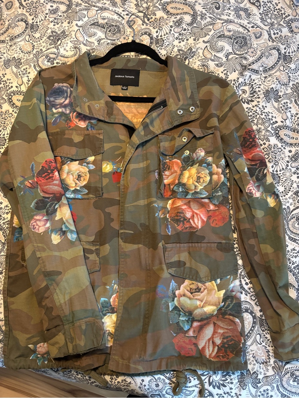 Jealous Tomato Olive Camo Field Jacket with Floral Accents